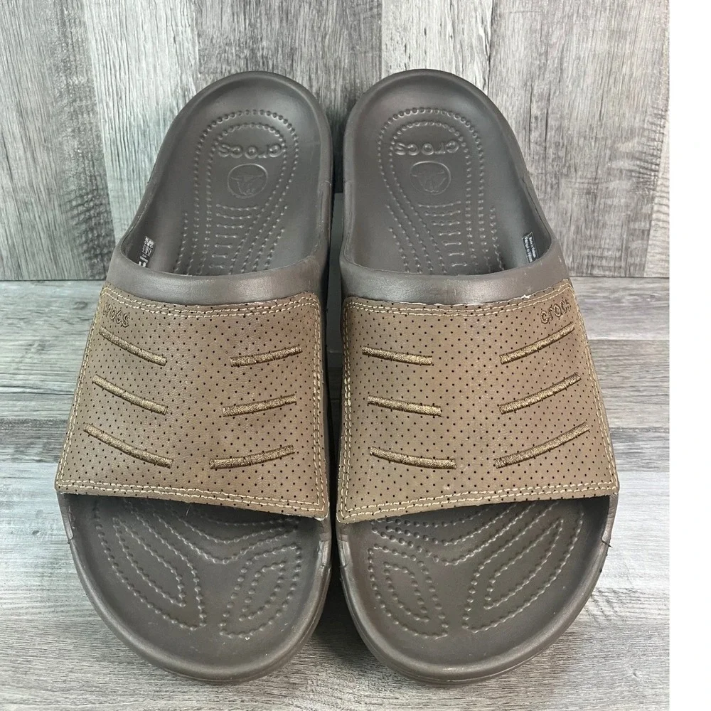 Crocs Yukon Sport Slide Mens 12 Brown Faux Leather Strap Sandals 10892